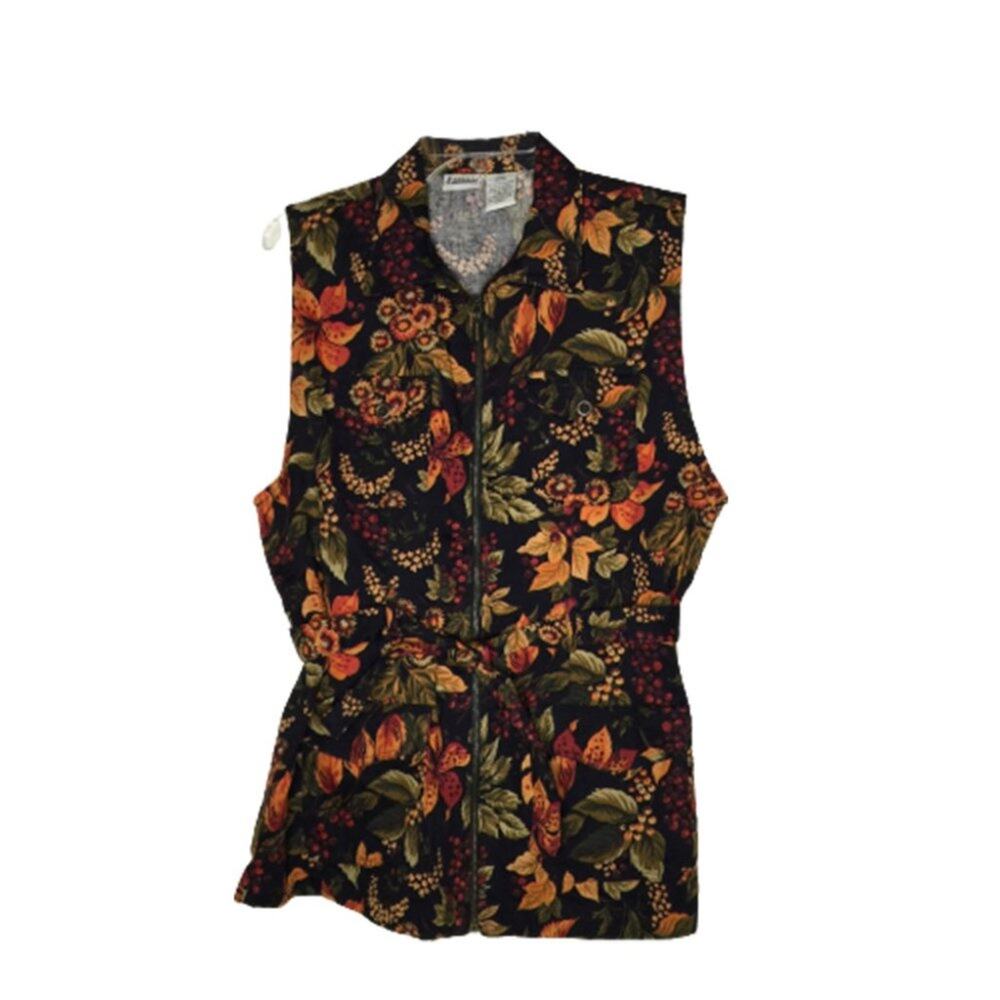 Capacity Full-Zip Vest Collared Sleeveless Floral Belted Funky Vintage Medium